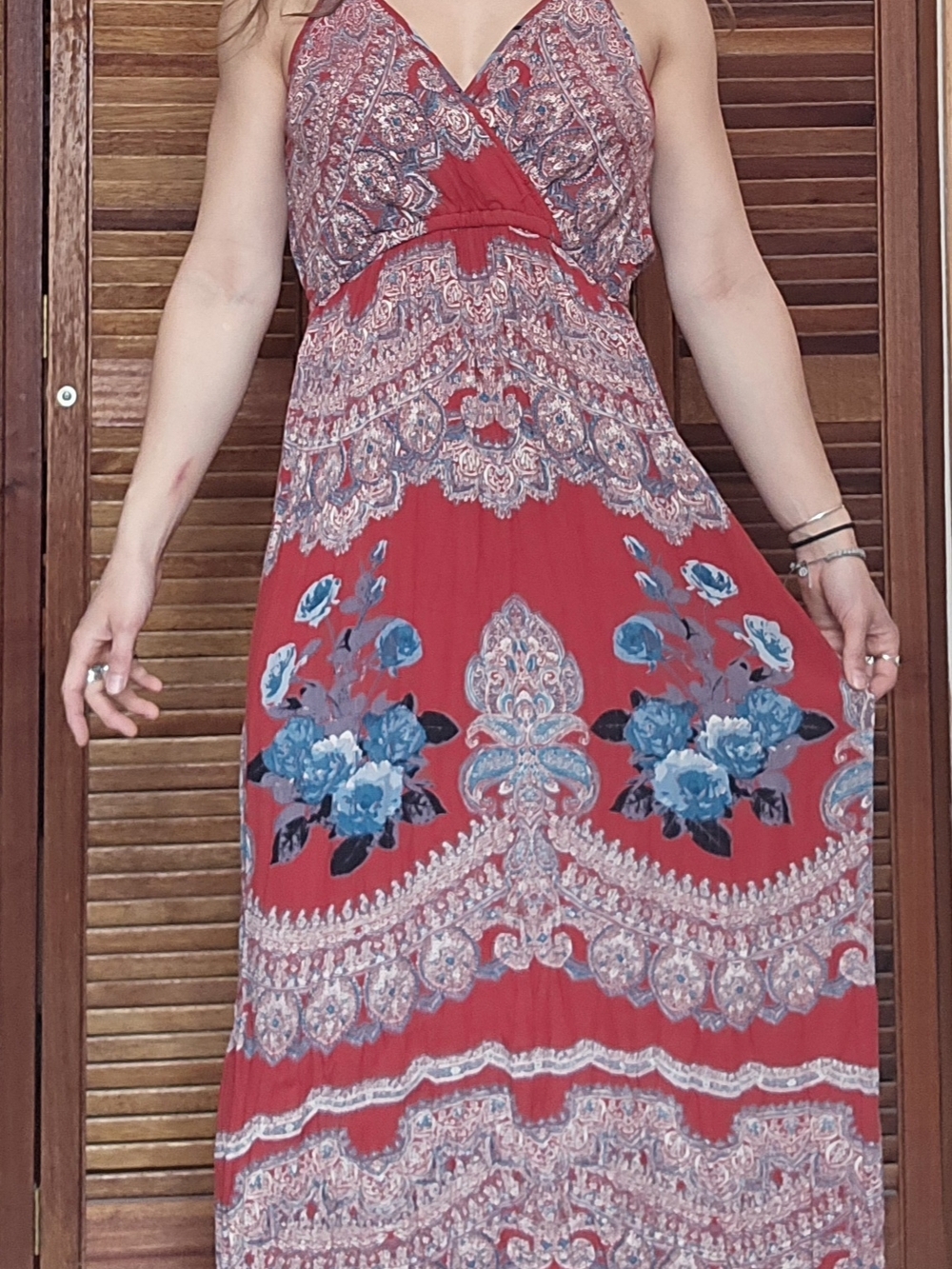 Angie Red Floral Maxi Dress with Blue Accents